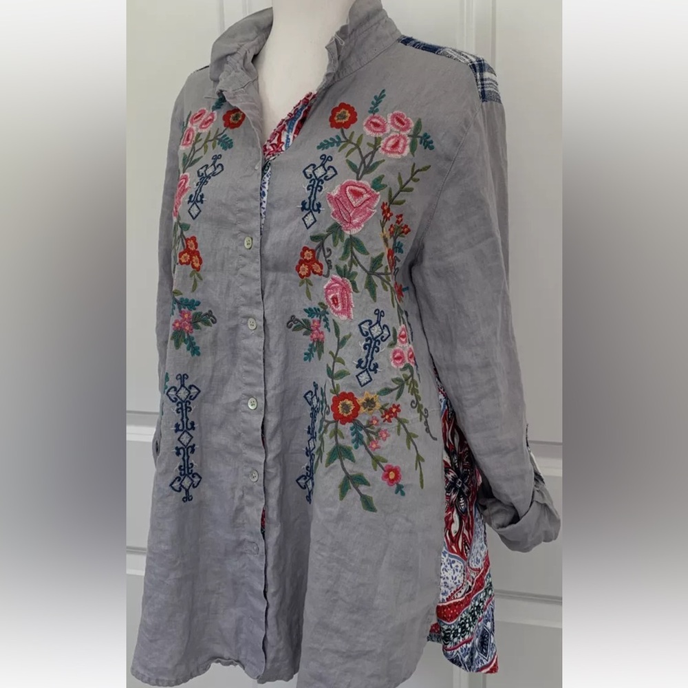 John Mark size S Linen embroidered Tunic Top Wired Collar Roll tab slv